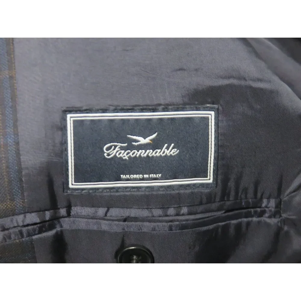 Mens Faconnable Sport Coat Jacket 3 Button 44R‎ Blue Brown Windowpane Wool Lined